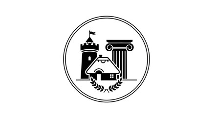Naklejka premium Black and white circular logo featuring a castle tower house and classical column.