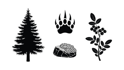 Forest wilderness icon set including pine tree bear paw print mossy rock and berry branch for outdoor adventure and nature graphic design assets © NorStock