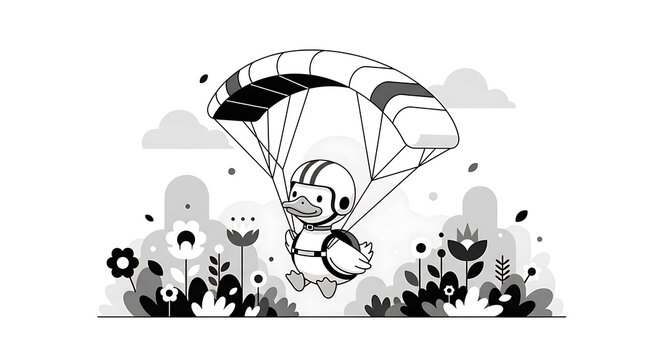 Monochrome illustration of a duck wearing a helmet and harness, descending with a parachute above a floral landscape with clouds