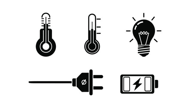 Energy and technology icon set featuring light bulb temperature gauge battery and power plug for electrical engineering and conservation concepts