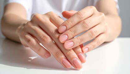 Fototapeta premium Close-up of Hands with Natural Pink Nail Polish and Subtle Lighting