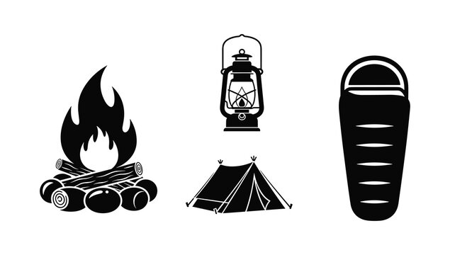 Camping and outdoor adventure icon set featuring campfire tent lantern and sleeping bag for travel and wilderness exploration