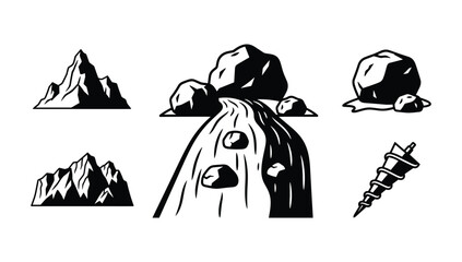 Dynamic waterfall cascading over rocks with jagged mountain peaks and drill bit vector © NorStock
