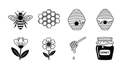 Honeybee honeycomb beehive jar and flowers icon set for apiary products © NorStock