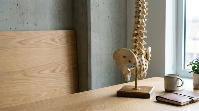 Anatomical model of a spine on a doctors minimalist wooden desk, modern concrete wall background, professional calm mood, natural beige and grey colors, realistic interior photo.