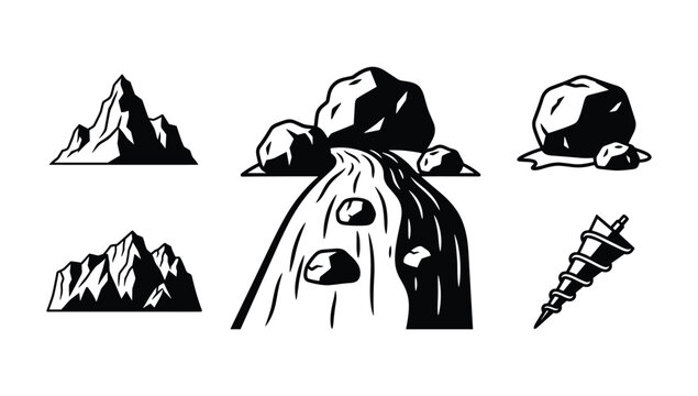 Dynamic waterfall cascading over rocks with jagged mountain peaks and drill bit vector