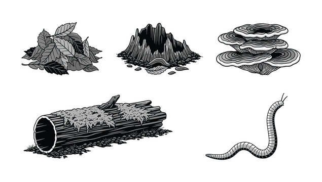 Forest floor decomposition elements moss log deadwood mushrooms and earthworm illustration