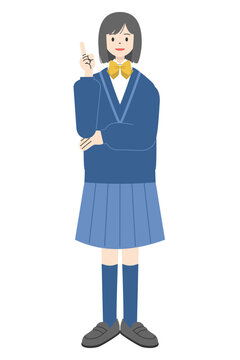 笑顔で人差し指を立て指差しポーズをする制服姿の女子高校生の全身イラスト2