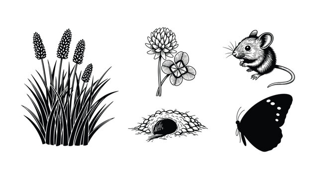 Nature scene elements illustration including grass clover mouse hole mouse and butterfly