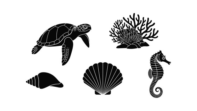 Oceanic sea life silhouette collection with turtle coral seashell seahorse and conch
