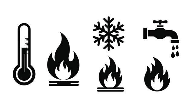 Icons for temperature heat cold water and fire symbols on white background