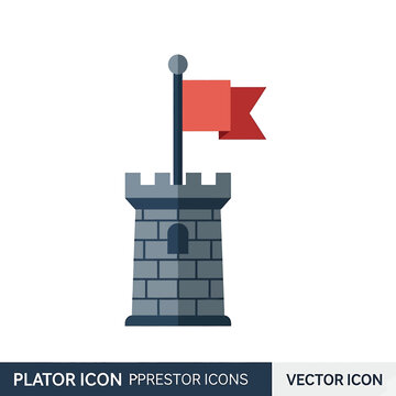 Gray stone castle tower with flag.