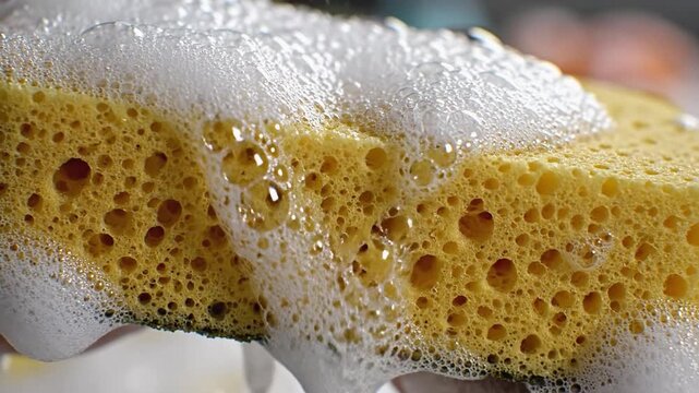 Close-up view of yellow sponge absorbing water with bubbles forming, showcasing the cleaning process in a bright kitchen environment