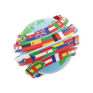 Globe with multiple national flags.
