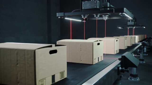 Automated logistics conveyor belt with cardboard boxes 3D render