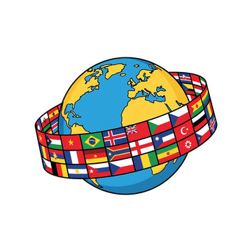 Globe wrapped with many flags.