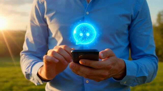 Man uses smartphone with glowing message icon in outdoor setting during sunset