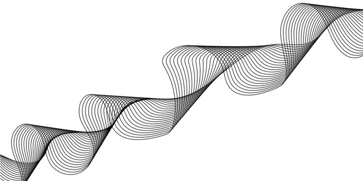 Abstract black wave lines vector background, modern geometric sinusoidal ribbon pattern, 3D oscillation design, sound light motion illustration