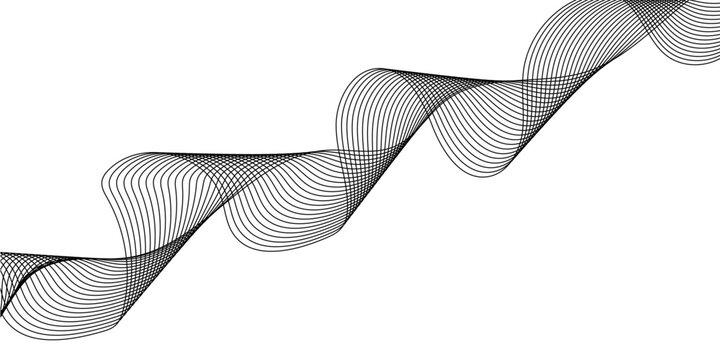 Abstract black wave lines vector background, modern geometric sinusoidal ribbon pattern, 3D oscillation design, sound light motion curve illustration