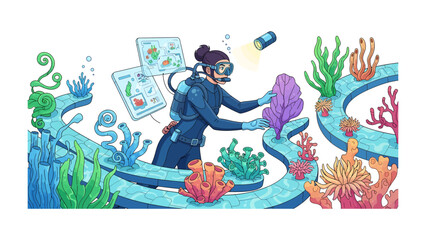 Obraz premium Marine Biologist Discovery: A dedicated marine biologist, equipped with scuba gear, examines vibrant coral reefs and aquatic flora, uncovering the wonders of underwater life.