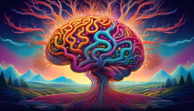 a surreal depiction of a hyperactive brain with neural pathways merging into dreamlike landscapes