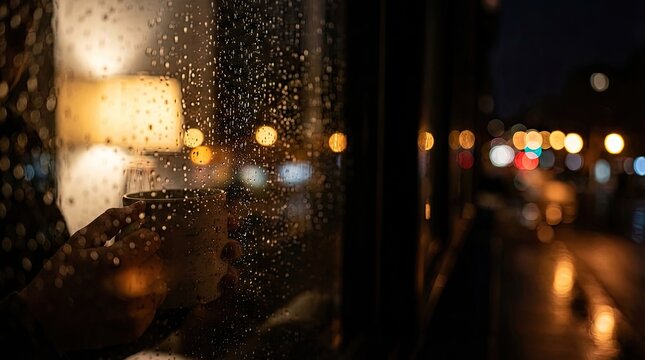 Sad lofi boy sitting by window on rainy night concept. Cozy evening scene with raindrops on a window and warm lights.