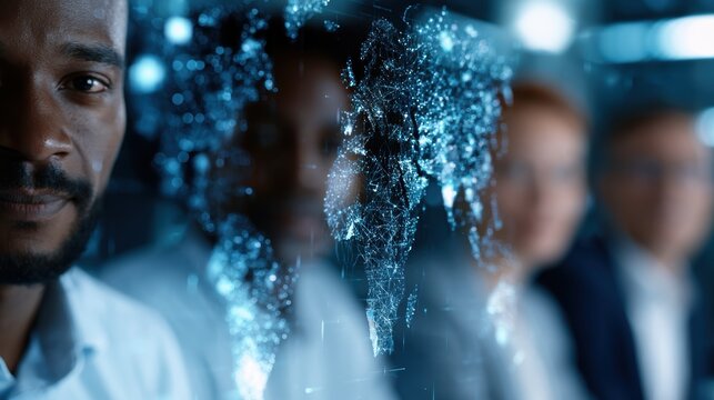 futuristic global workplace, futuristic corporate diversity with a global network visualization, professionals working across digital screens, and a modern office environment