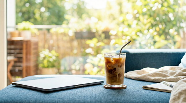 Remote work setup with laptop, iced coffee, and notebook on blue couch, bright balcony view for productivity.