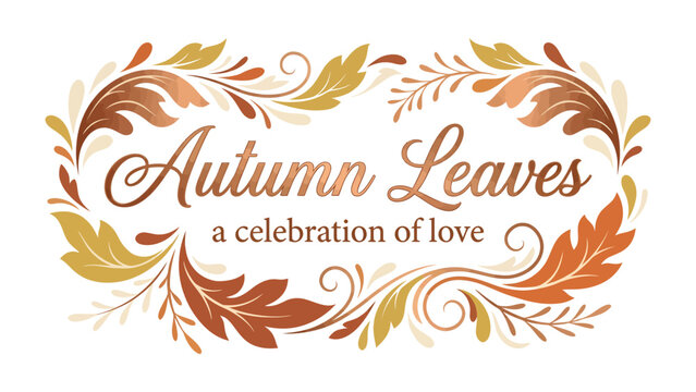 Autumn Leaves Celebration: An elegant floral frame featuring autumn leaves and decorative swirls, with the text Autumn Leaves a celebration of love beautifully scripted within.