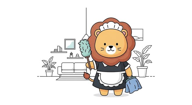Cute cartoon lion wearing a maid outfit and holding cleaning tools in a minimalist home setting