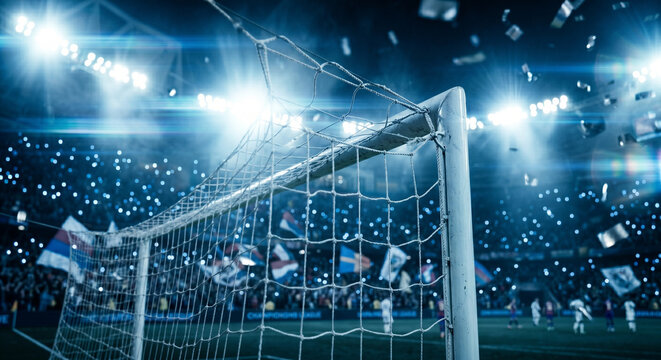 Close-up of a soccer goal and net under bright stadium lights at night, creating a professional football atmosphere for ads and marketing.