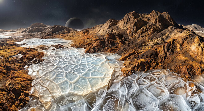 Extraterrestrial landscape featuring cracked ice formations on rocky orange terrain with rugged mountains and a distant planet in a dark sky