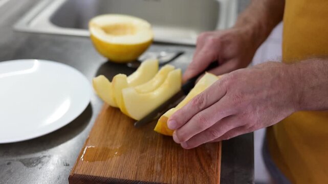 Man cutting ripe yellow melon into slices on wooden board in modern kitchen Full HD video