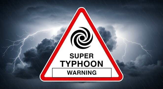Super typhoon warning sign over dark storm clouds with lightning