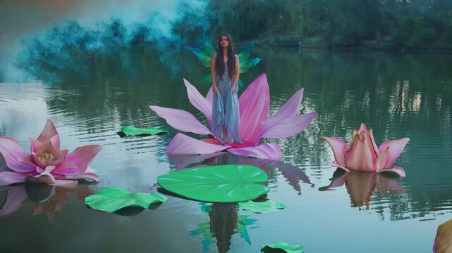 Evening summer nature blue fog smoke. Fantasy elf woman little fabulous fairy with butterfly wings stands in water lily flower throne. artificial huge pink flowers. River nymph fay girl model posing.