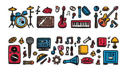Musical Instrument Collection: A vibrant collection of hand-drawn musical instruments and accessories, featuring drums, guitars, keyboards, microphones, and speakers. © Murshida