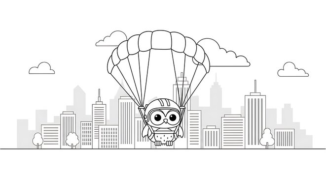 Line drawing of an owl with goggles and helmet descending via parachute over a cityscape with clouds