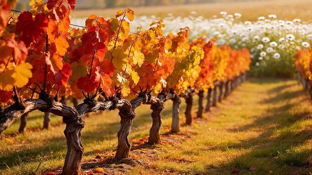 Rows of autumnal grapevines with white flowers