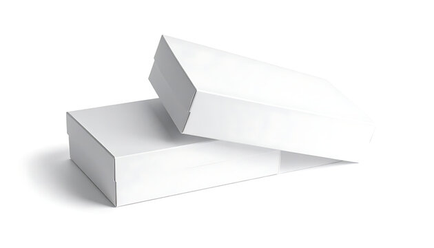 Two blank white rectangular boxes stacked, one slightly open, on a white background, perfect for product packaging mockups or design templates