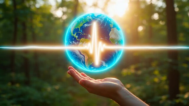 World held in hand with pulse line and sunlight in forest setting