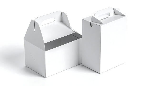 Two blank white cardboard gable top boxes with handles, isolated on a white background, ready for custom branding and packaging design