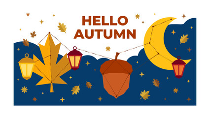 Naklejka premium Hello Autumn: A whimsical illustration welcomes the autumn season with iconic symbols like maple leaves, acorns, lanterns, and a crescent moon against a starry night sky.