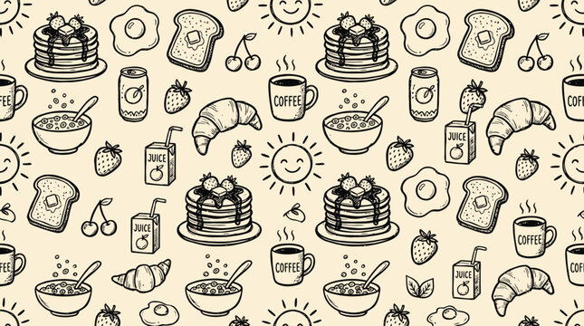 Hand drawn pattern of breakfast food items and symbols on a plate