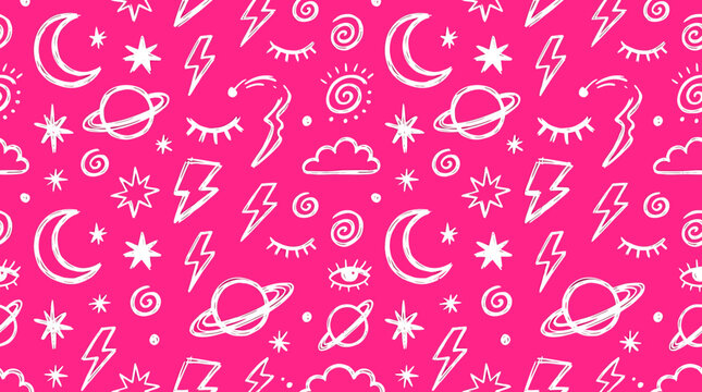 Vibrant hot pink background with a whimsical Hand drawn pattern of celestial symbols and icons.
