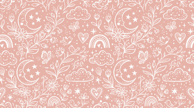 The whimsical scene showcases a Hand drawn pattern featuring crescent moons, rainbows, and flowers on a soft pink background.