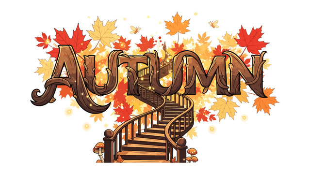 Autumn Splendor: A whimsical display of the word AUTUMN crafted from wood and adorned with falling leaves, complemented by a winding staircase and mystical mushrooms, evoking the magic of the season.