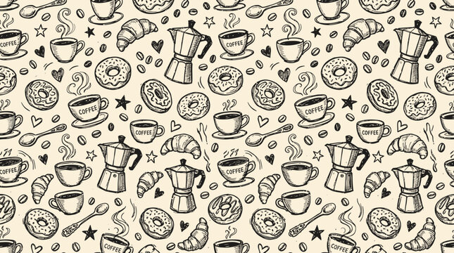 Hand drawn pattern of coffee cups and pastries on a decorative background
