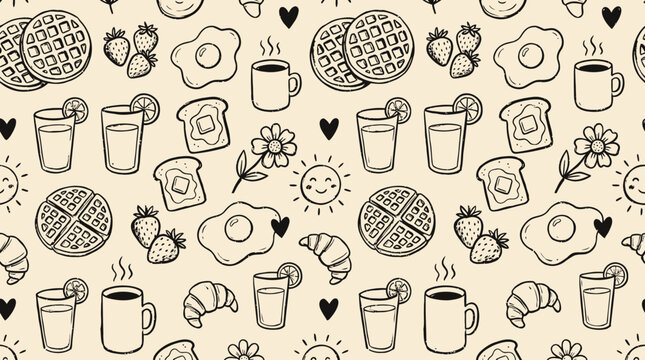 A hand drawn pattern featuring various breakfast foods and drinks on a plate