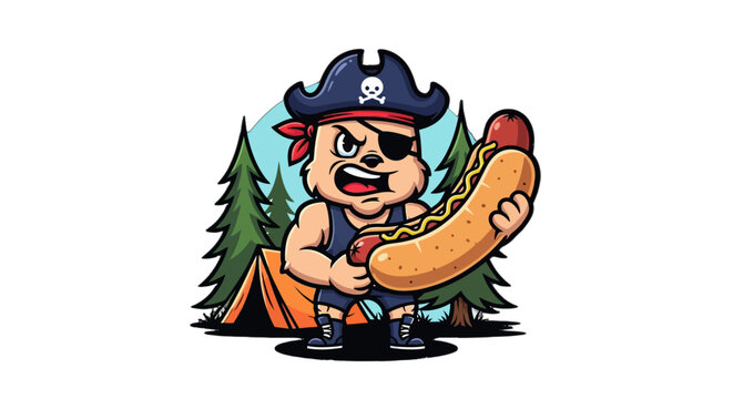 Cartoon pirate character holding giant hot dog outdoors.