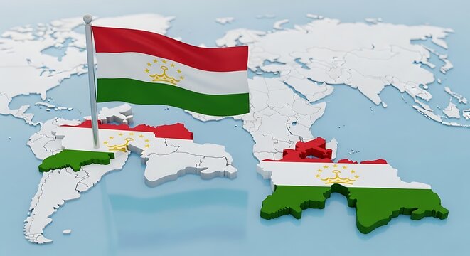 Waving flag of tajikistan and map on global background